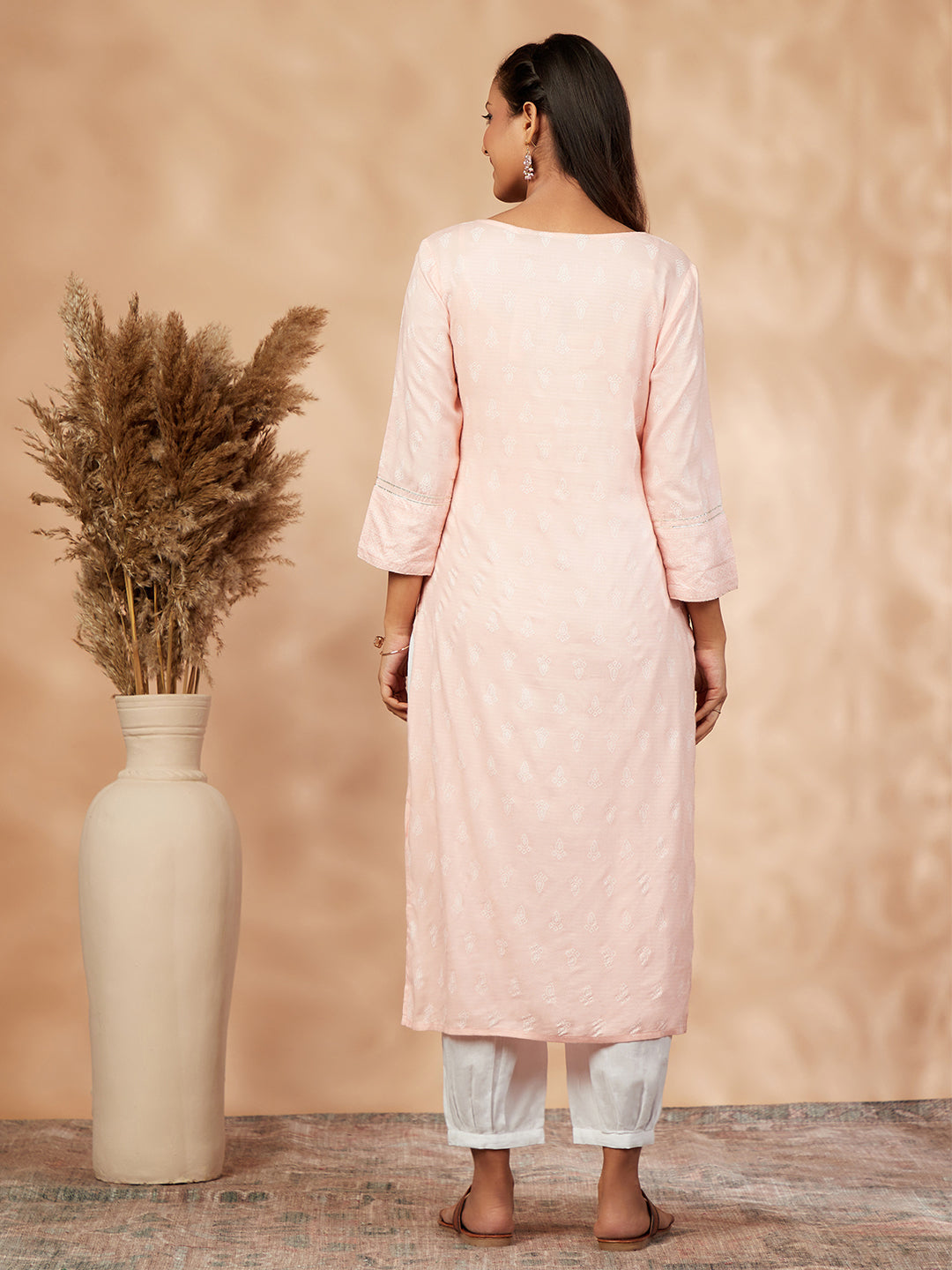 Women's Light Pink Printed Straight Kurta