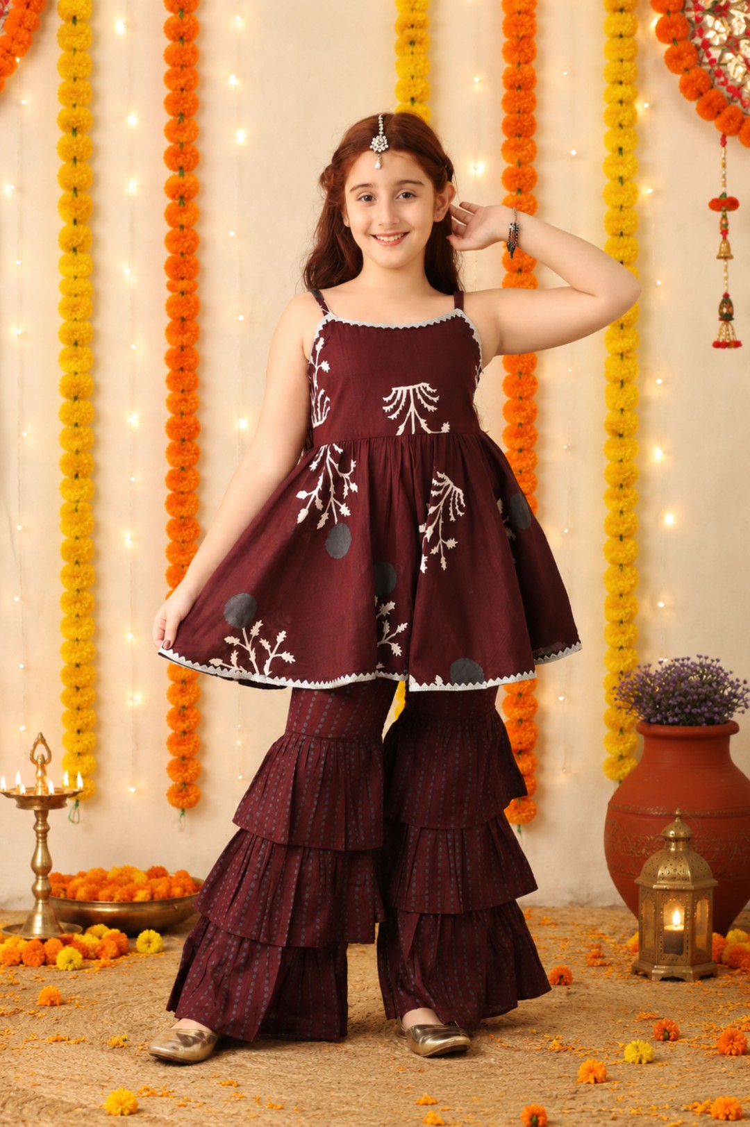 Girl's Maroon Cotton All Over Printed Sharara Set