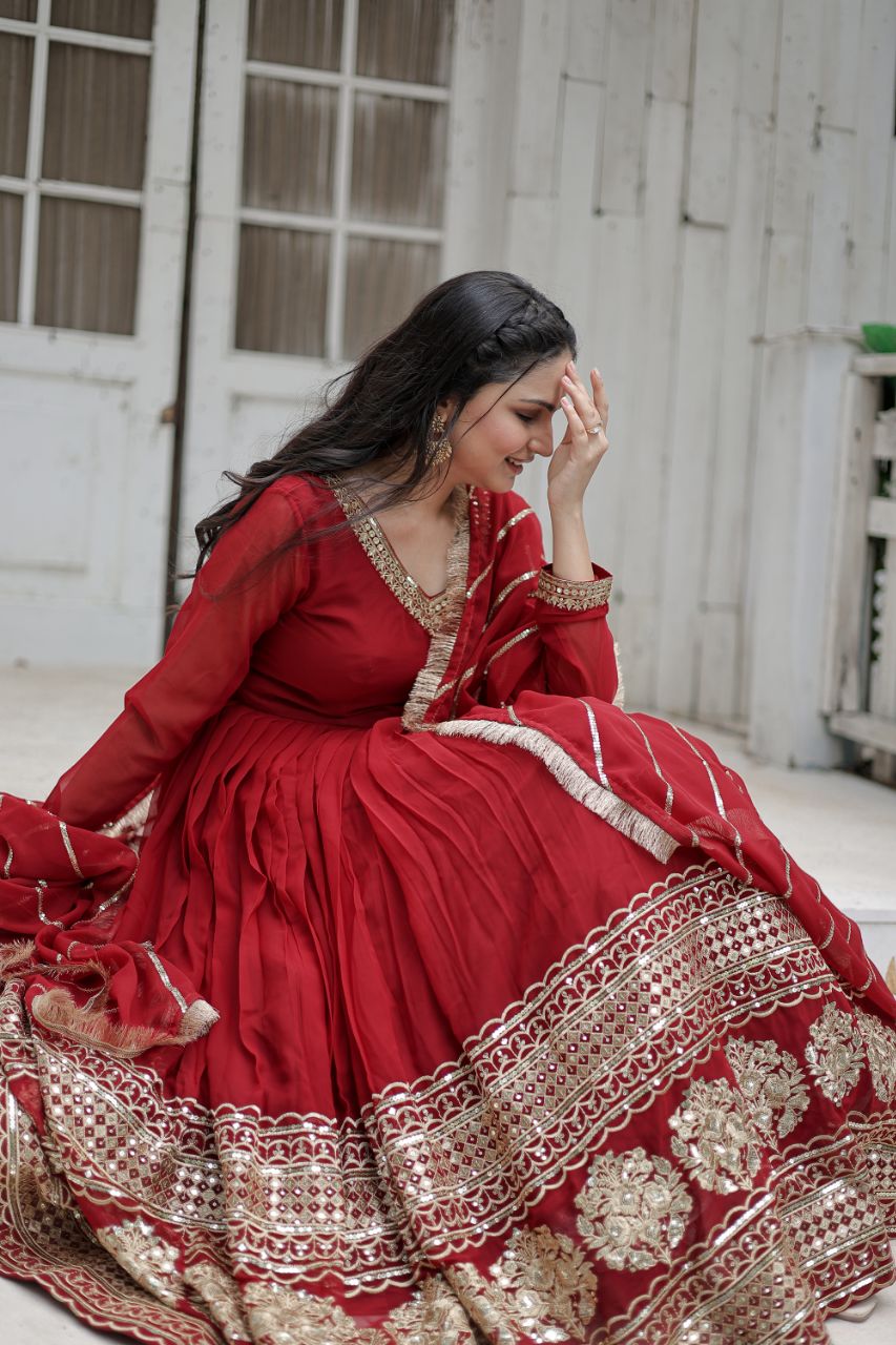 Women's Marron Cotton Embroidery Anarkali Set
