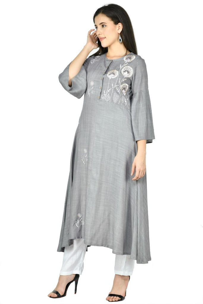 Women's Grey Cotton Rayon Embroidery Kurta Set