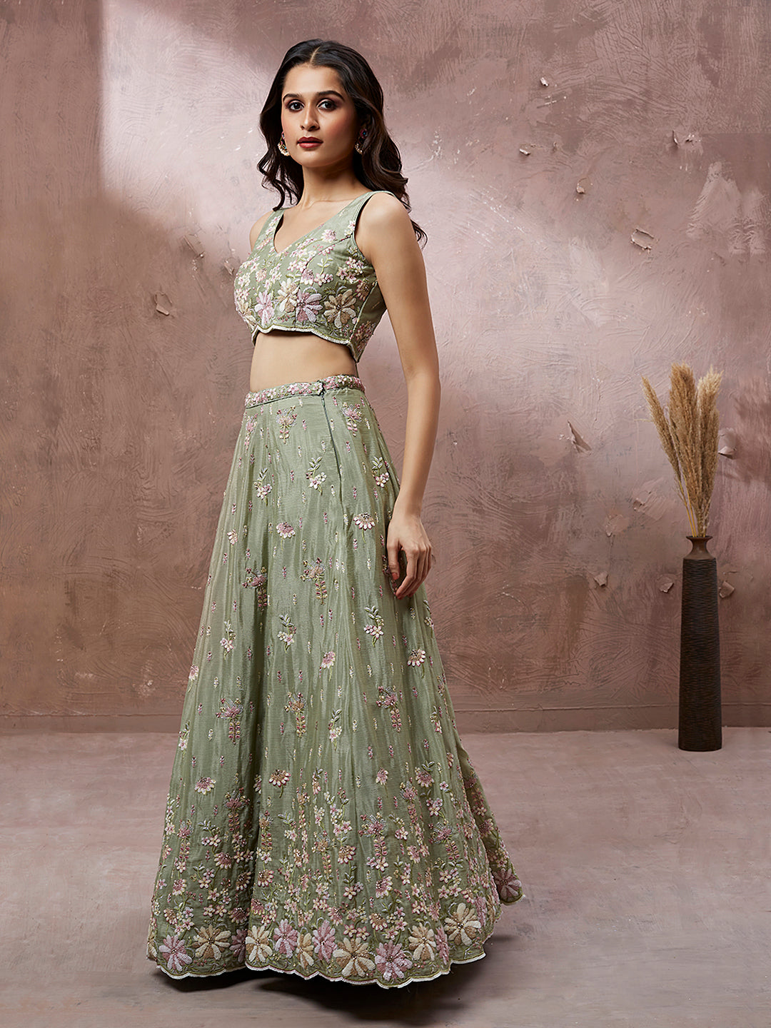 Women's Lime Green Pure Georgette Sequins With Heavy Zarkan Embroidery Ready To Wear  Lehenga Choli & Dupatta - Royal Dwells