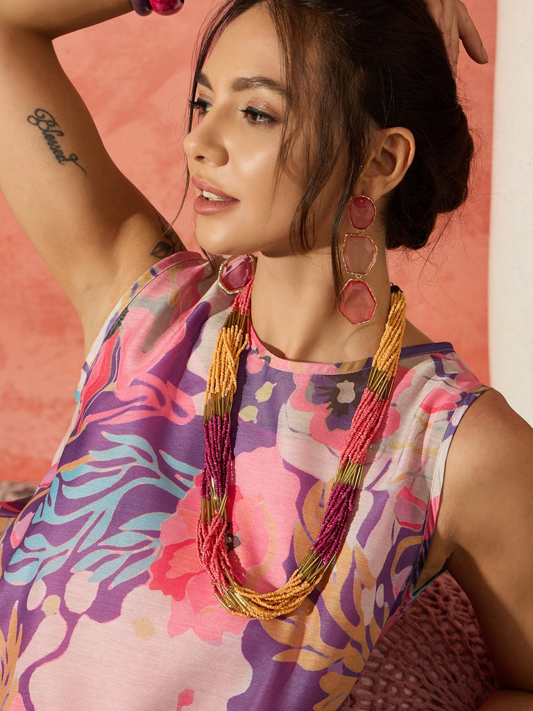 Women's Purple Floral Peach Asymmetrical Dress
