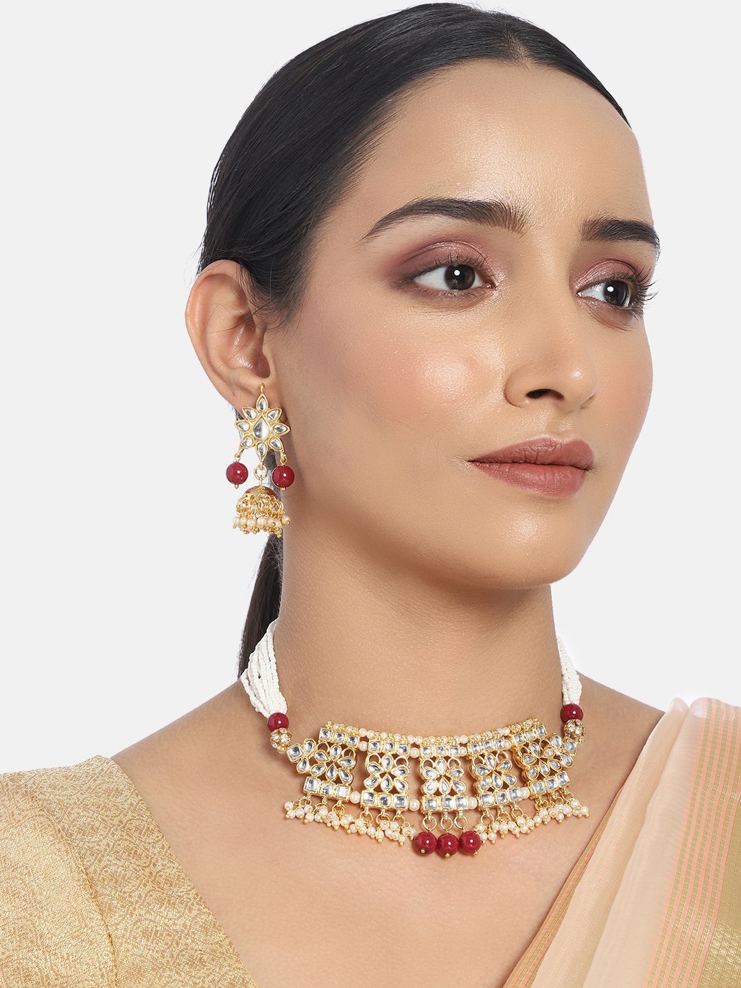 Women's Gold Plated Marron Kundan & Pearl Studded Choker Necklace Set with Earrings