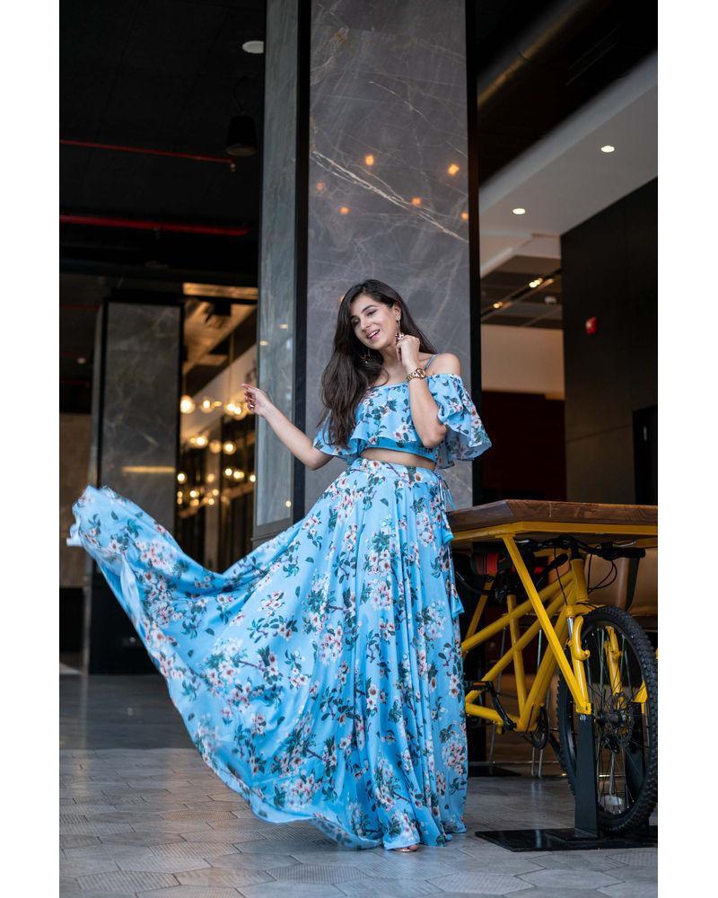 Women's Light Blue Floral Affair Ruffle Top With Skirt - Label Shaurya Sanadhya USA