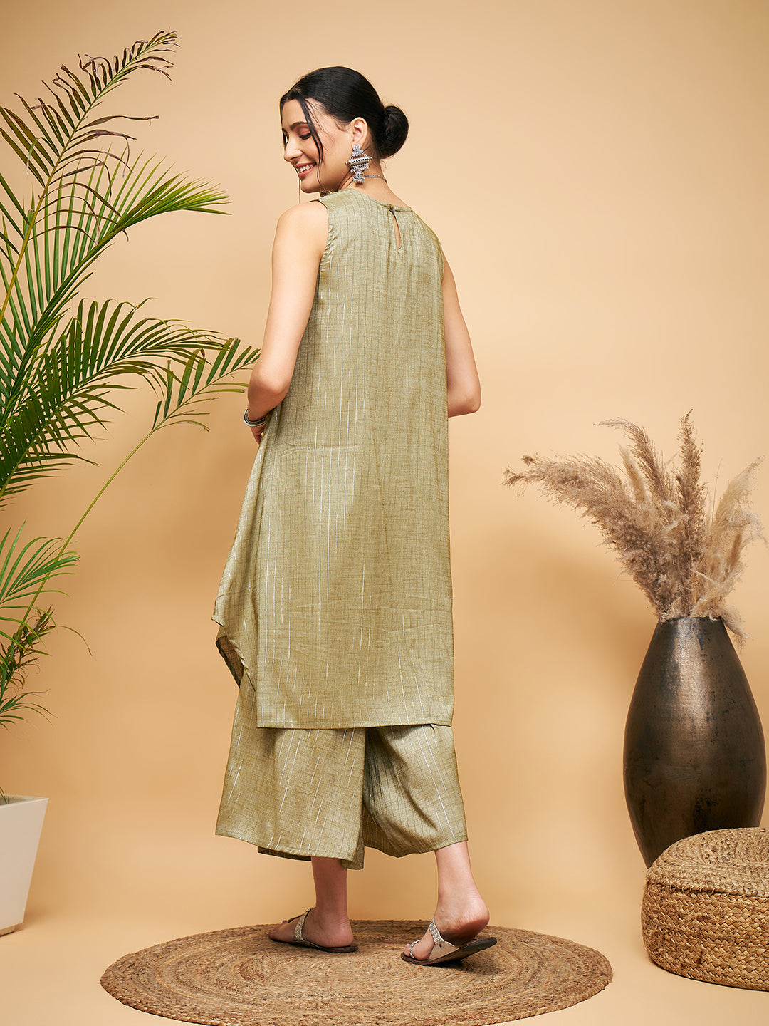 Women's Olive Lurex Short Pallazo Kurta Set - InWeave