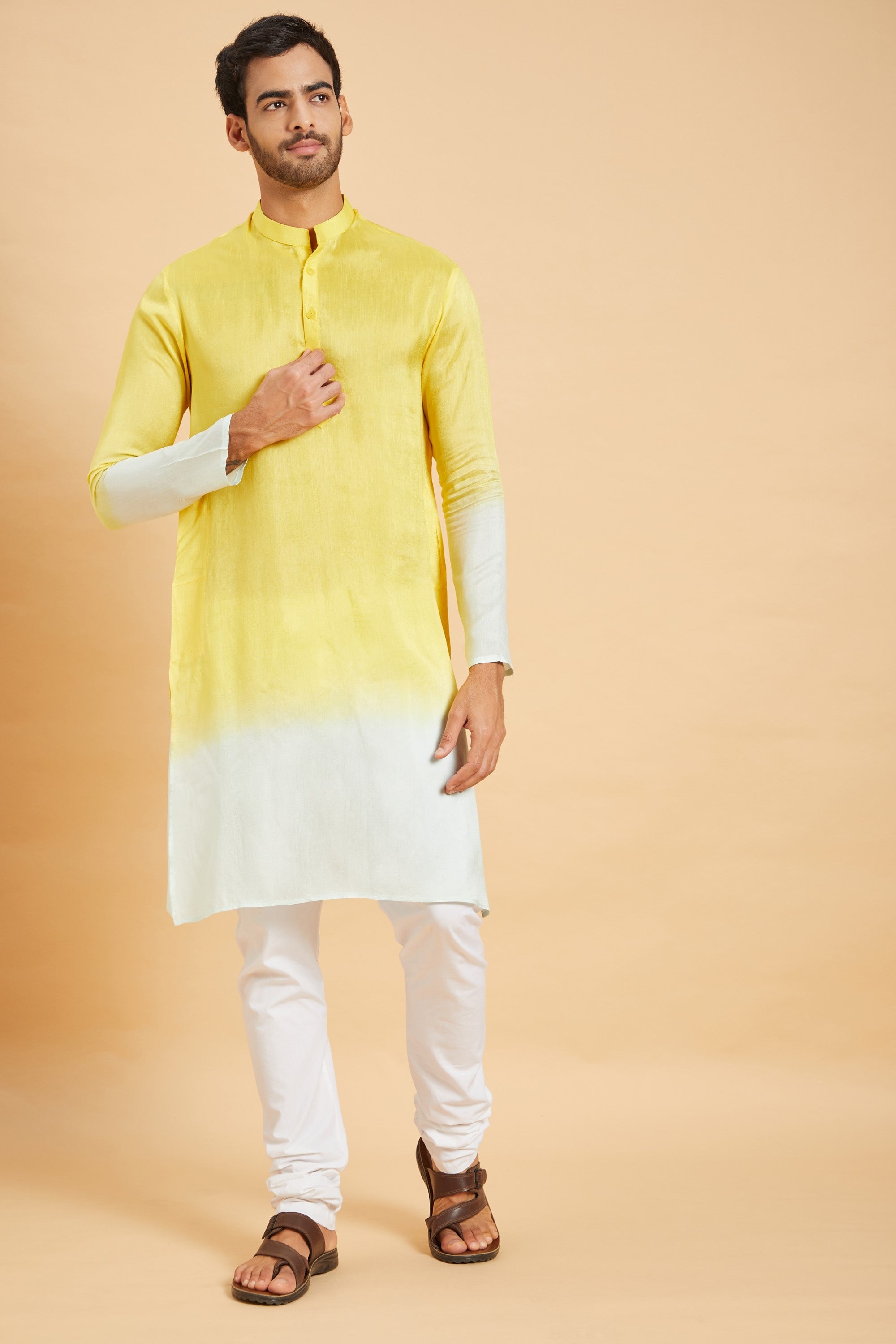 Men's Yellow Color Lahza Yellow Ombre Kurta Silk