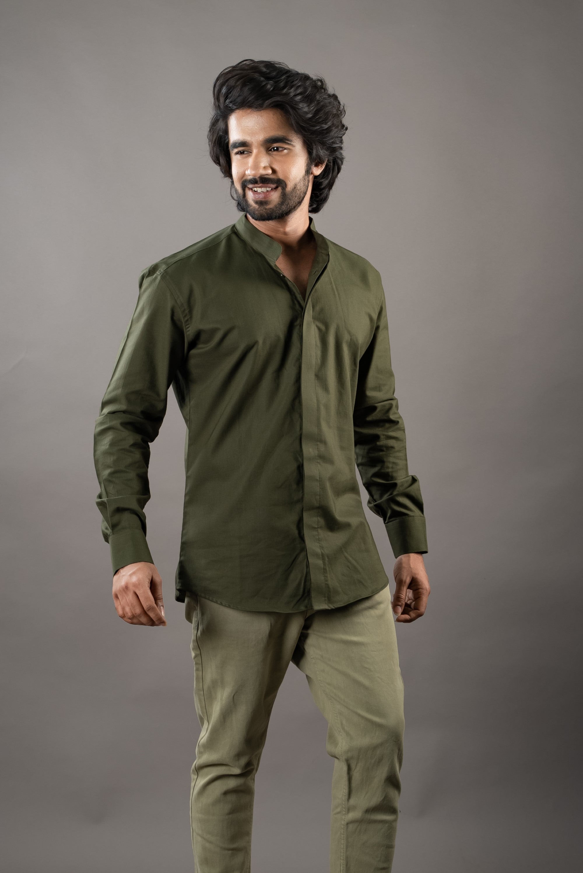 Men's Olive Green Color Olivy Concealed Button Mens Shirt Full Sleeves Casual Shirt - Hilo Design