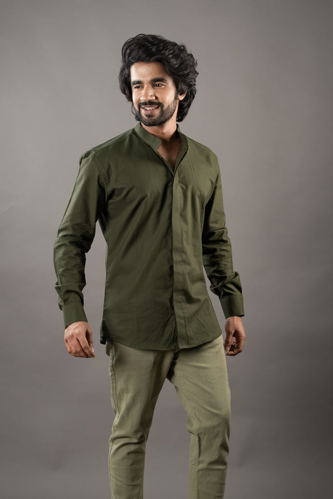 Men's Olive Green Color Olivy Concealed Button Mens Shirt Full Sleeves Casual Shirt