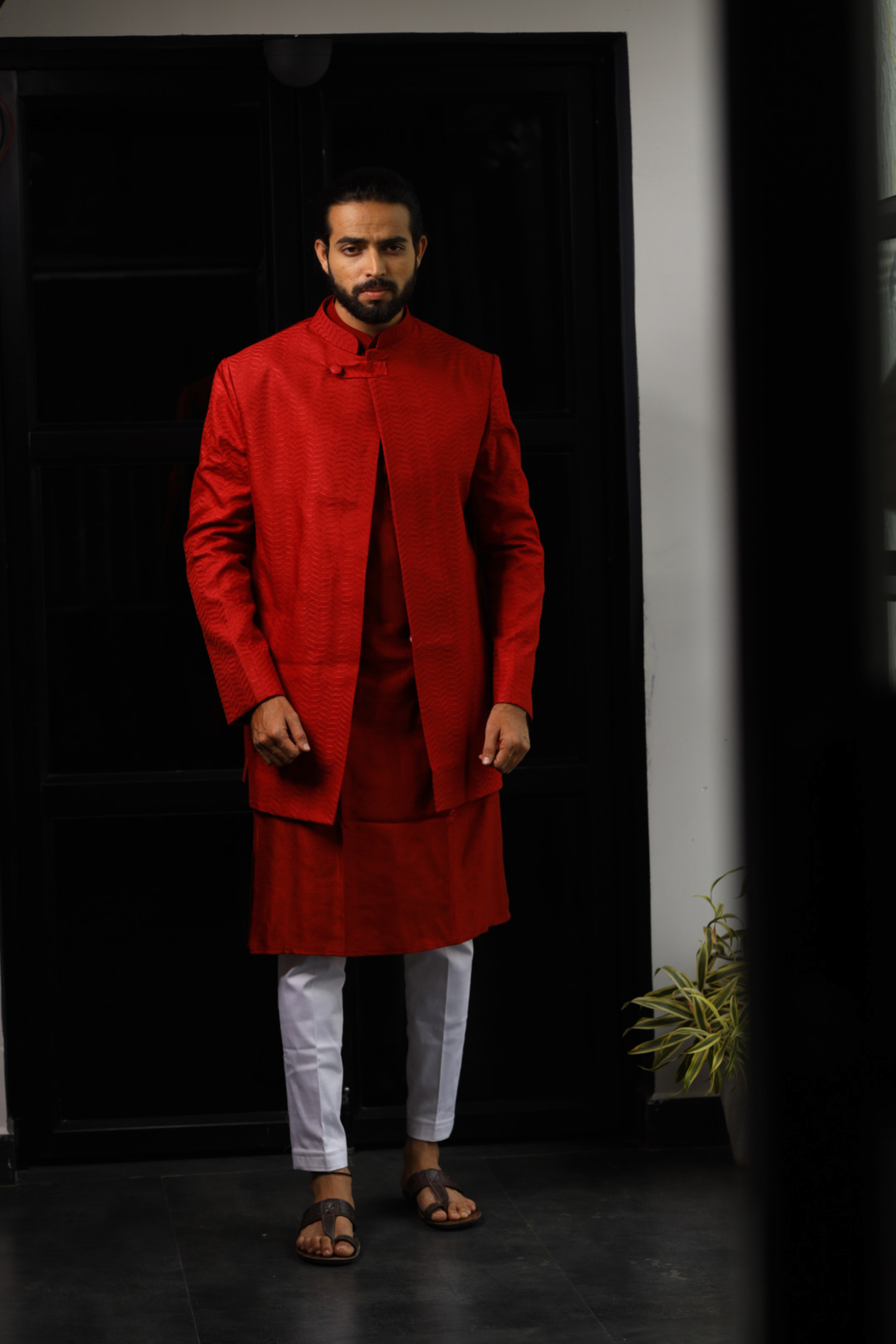 Men's Red Color Indo-Western Suit - Hilo Design