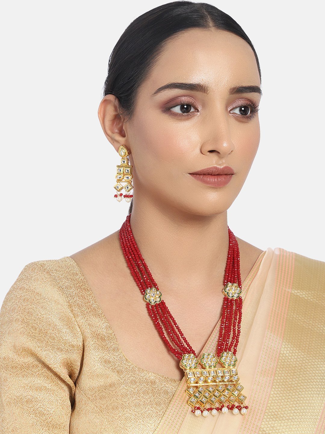 Women's Gold Plated Polki Kundan Brass Necklace Set With Earrings Maroon Crystal Onyx Long Mala