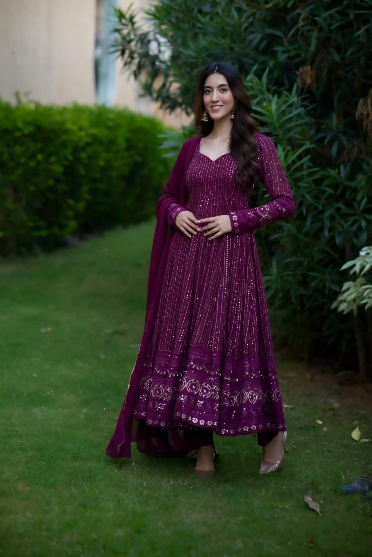 Women's Purple Faux Cotton Embroidery Anarkali Set - ROTRENSO