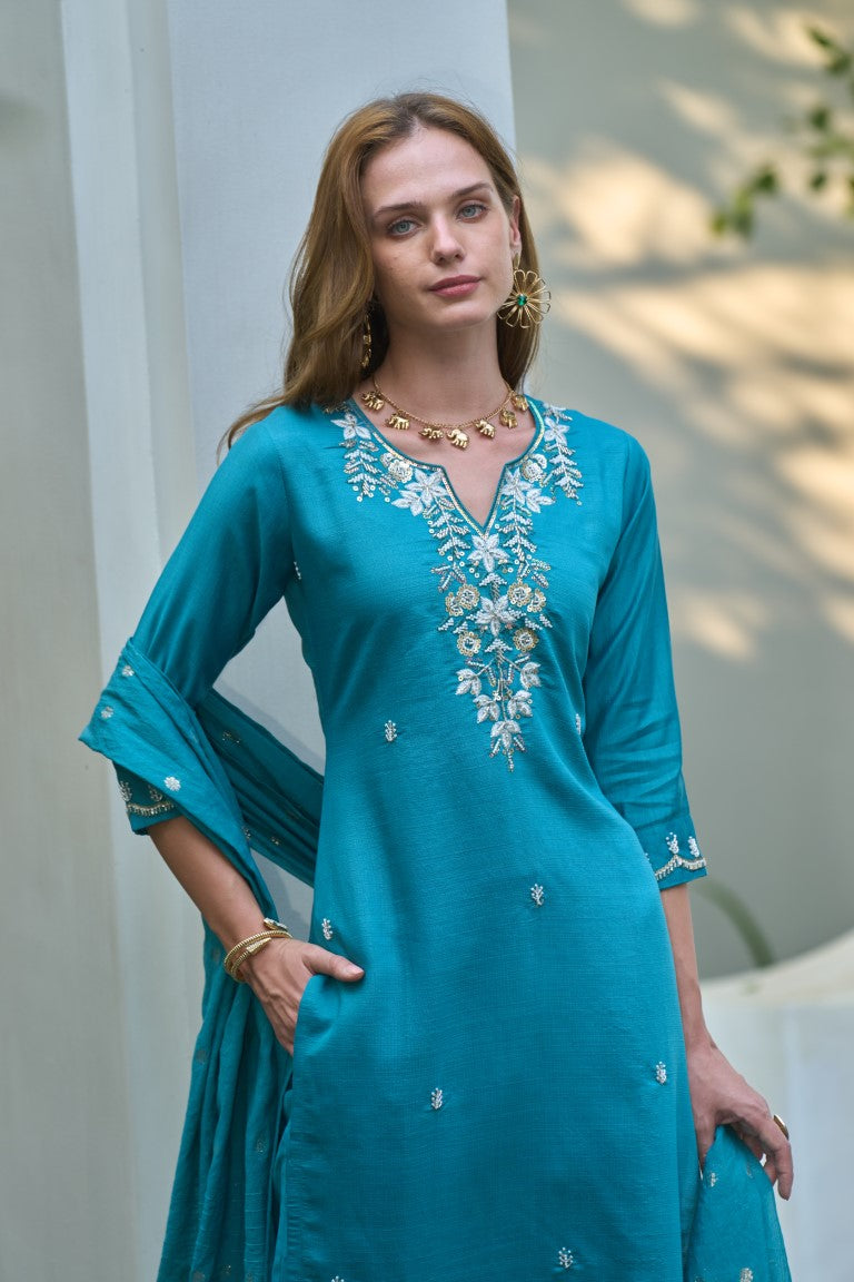 Women's Teal Vatican Embroidery  Kurta Set