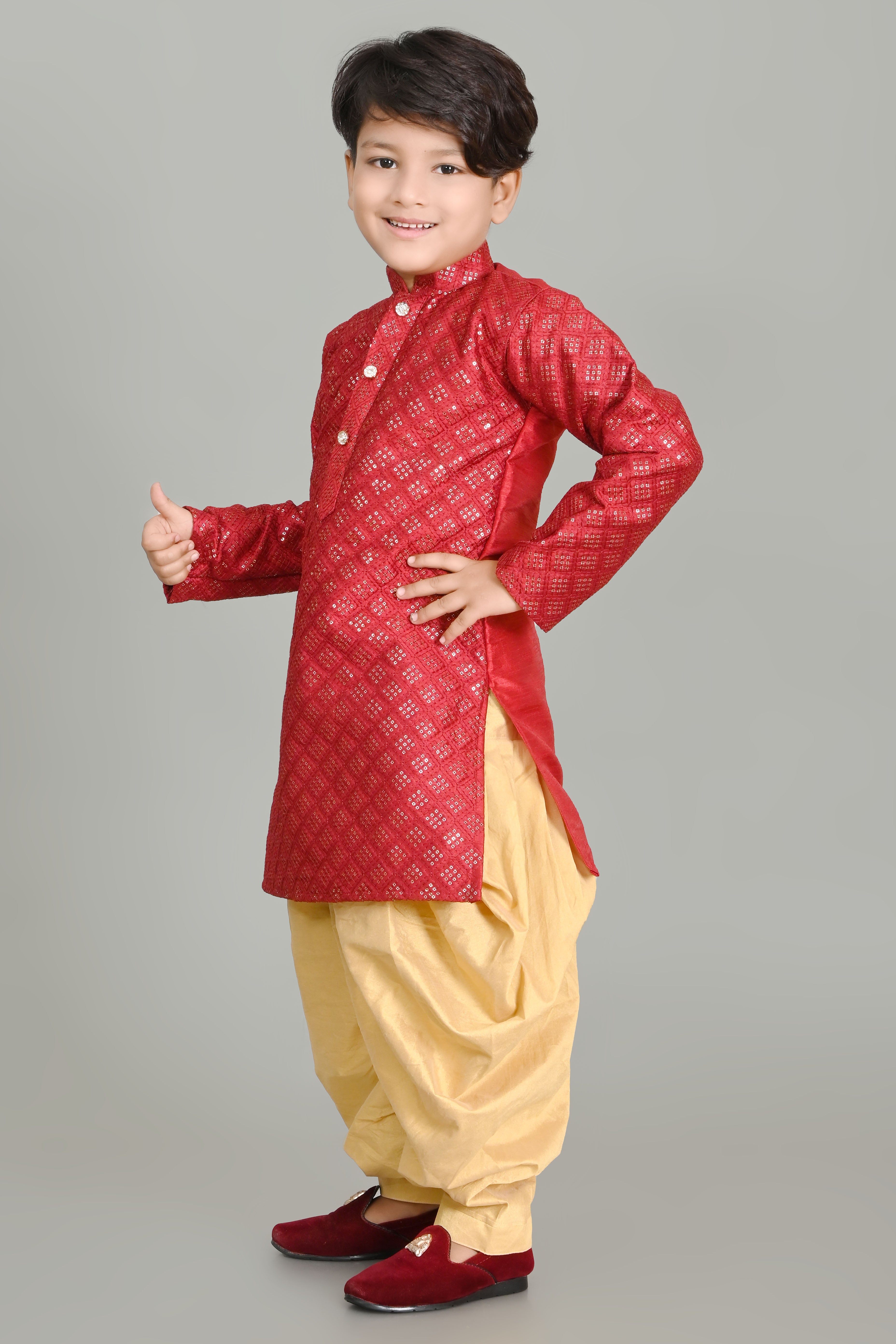 Boy's Dupion Silk  Embroidery & Sequins Work Kurta And Patiyala Set - Nfc Creation