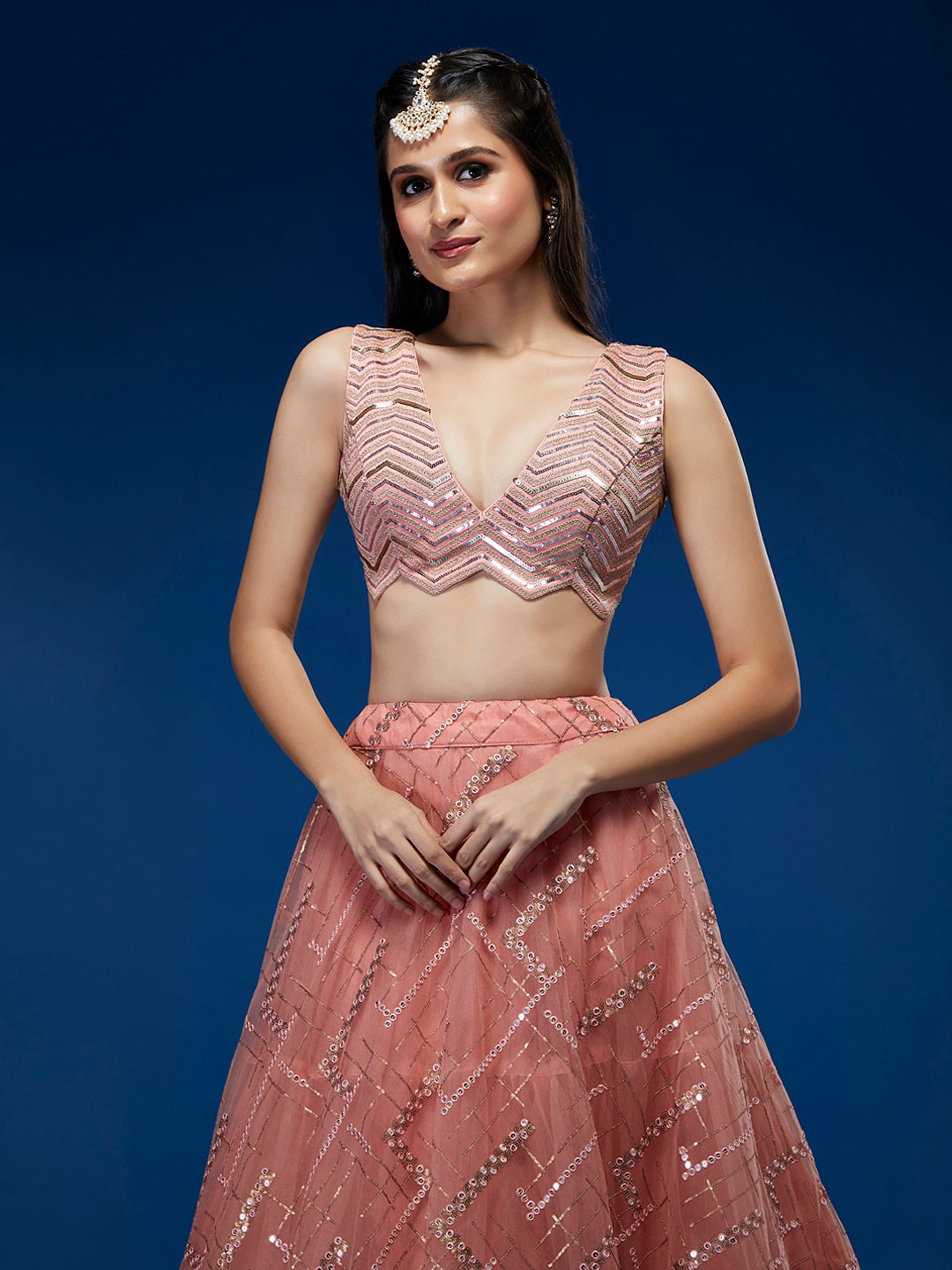 Women's Peach Net Sequinse Embroidered Ready To Wear Lehenga & Blouse With Dupatta-Royal Dwells