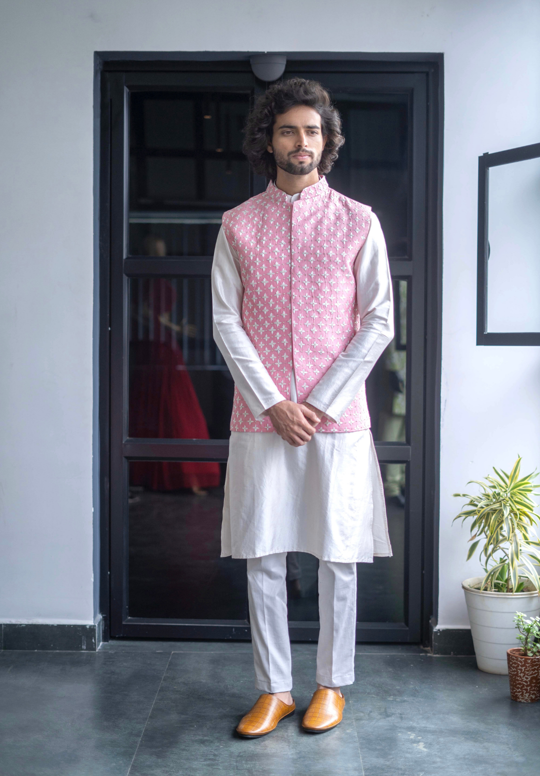 Men's Pink Color Jacket With Kurta Pant Set