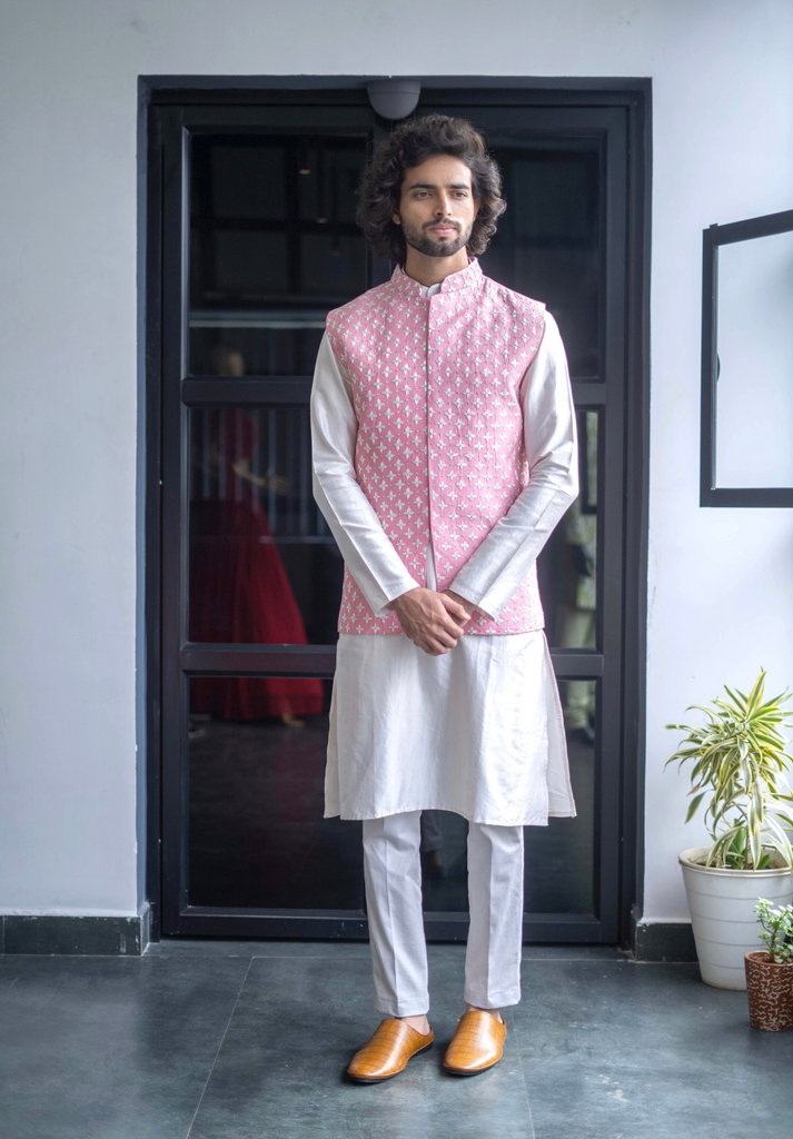 Men's Pink Color Jacket With Kurta Pant Set