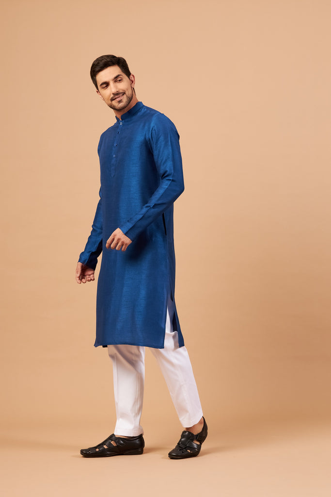 Men's Blue Color Plain Kurta Falling Raw Silk