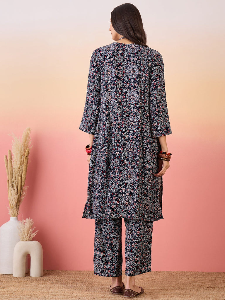 Women's Navy Maroon Ajrakh Foil V Neck Kurta Pant Set