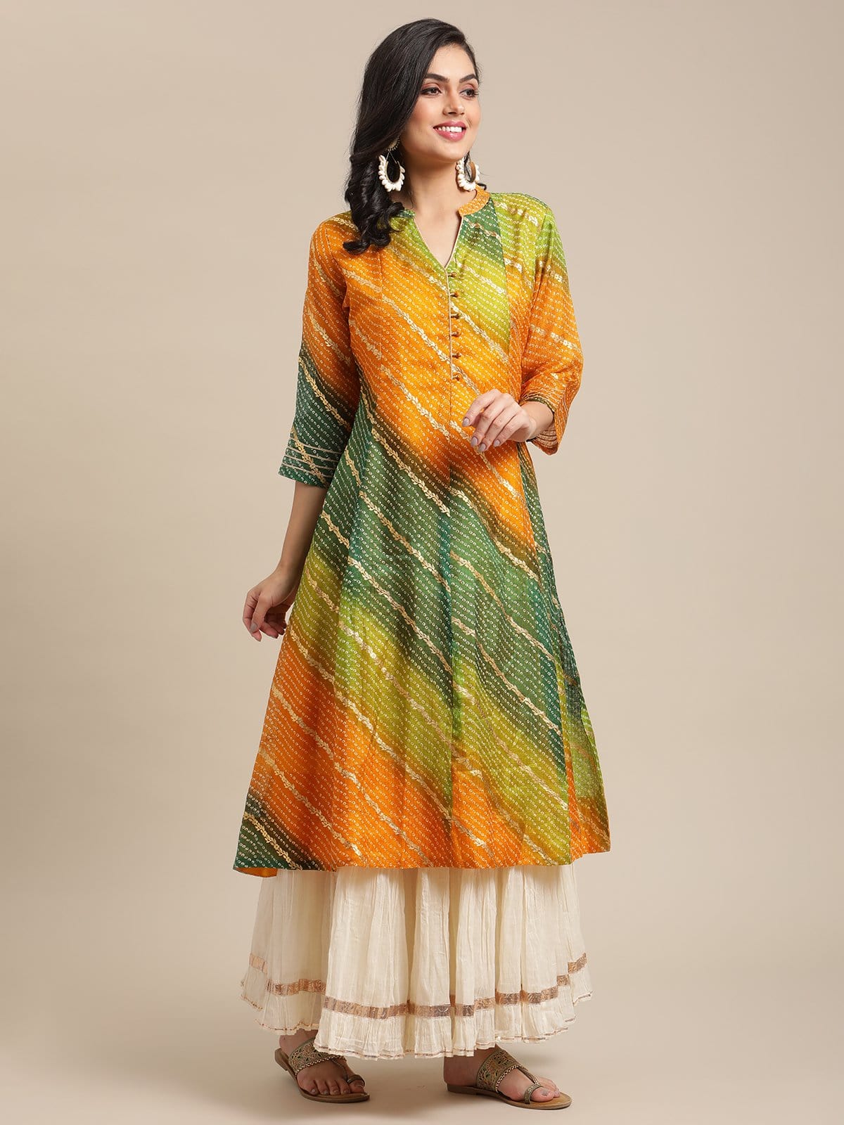 Women's Mustard And Lime Bandhej Foil Printed