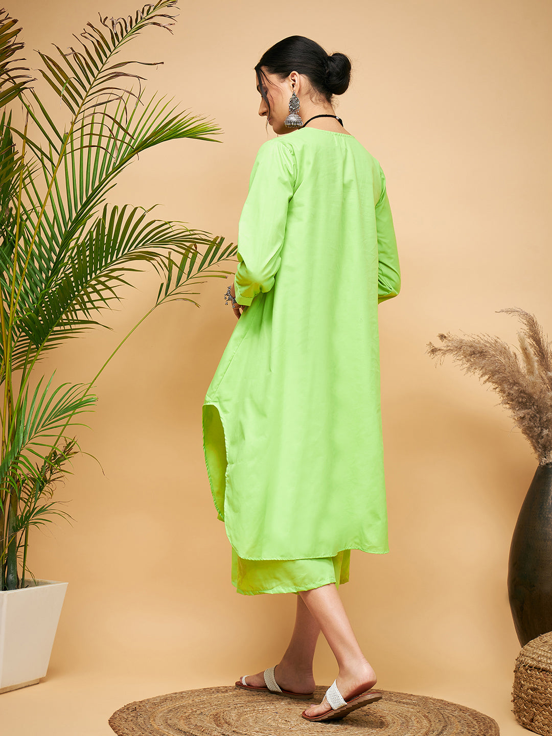 Women's Lime Green Flared Kurta Palazzo Set - InWeave