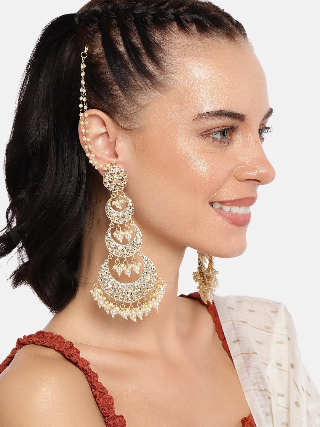 Women's  Gold Plated White Kundan Stones & Pearl Earrings