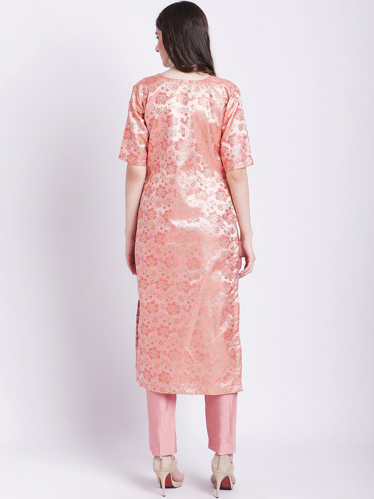 Women's Peach Banarsi Straight Kurti With Pants