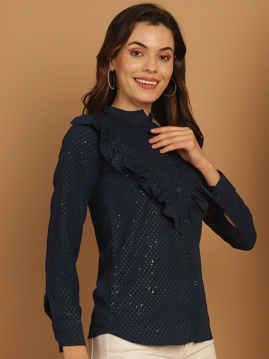 Women's Blue Woven Design Frill Top - Taantav