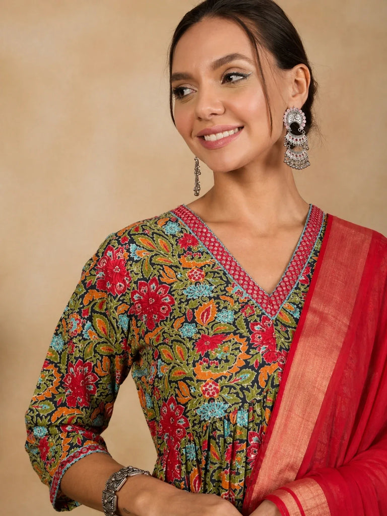 Women's Navy Blue Floral Print Neck Embroidery Naira Cut Kurta set