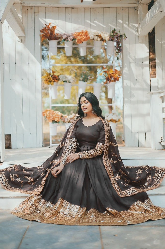 Women's Black Vichitra Silk  Embroidery  Anarkali Set