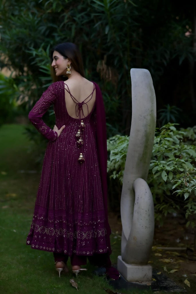 Women's Purple Faux Cotton Embroidery Anarkali Set