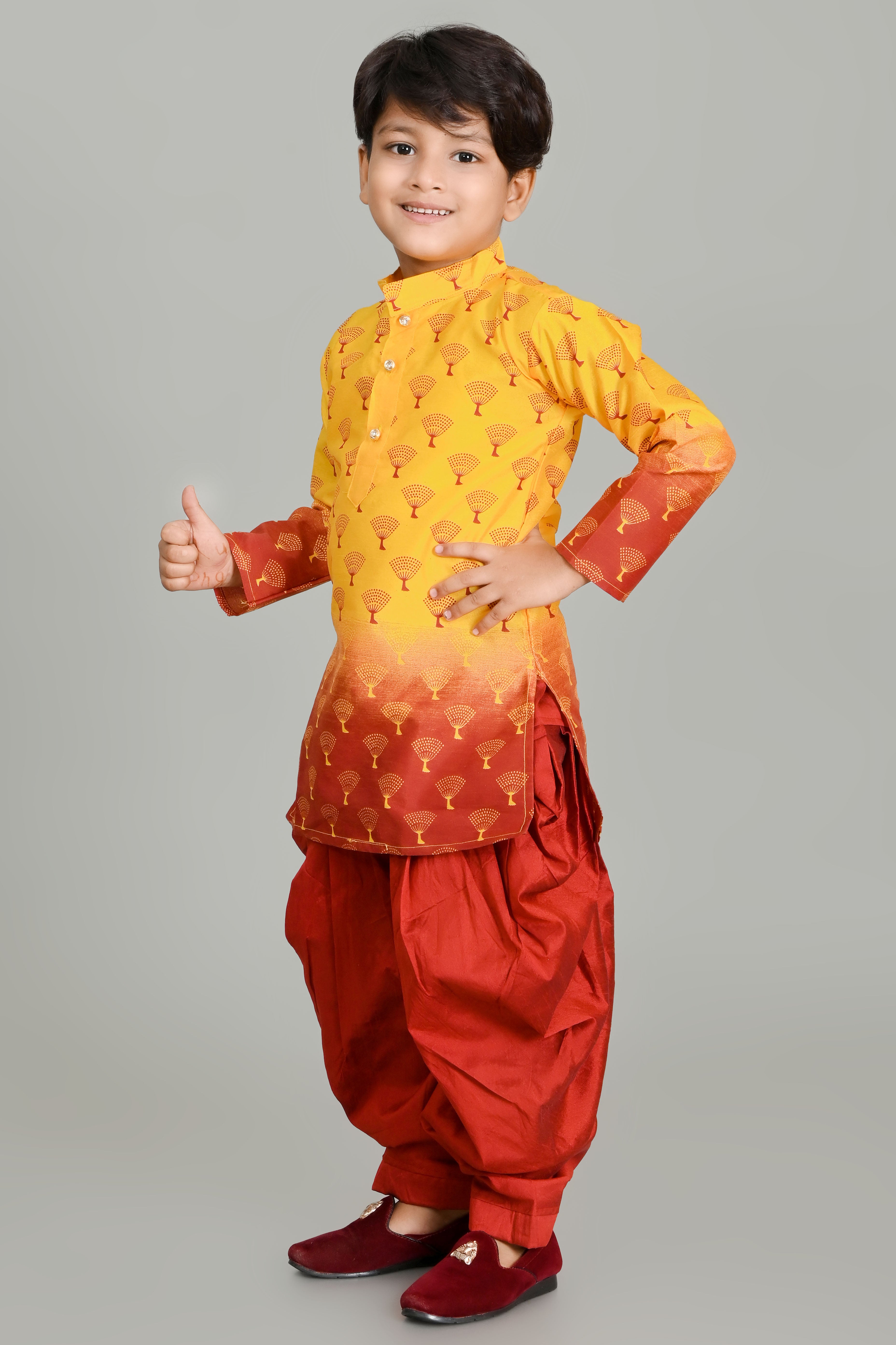 Boy's Dupion Silk Printed Kurta And Patiyala Set - Nfc Creation