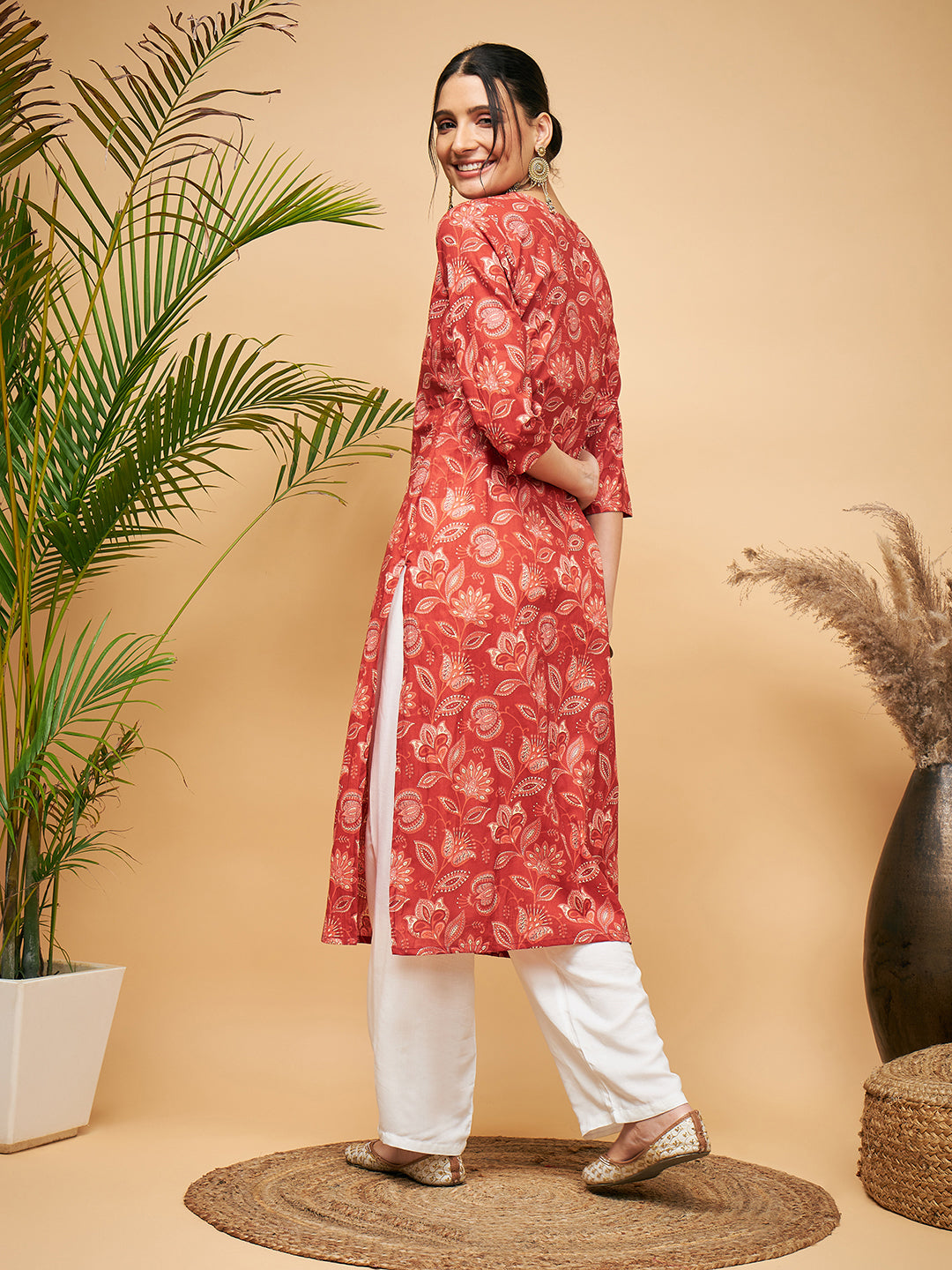 Women's RUST PAISLEY PRINT GOTA STRAIGHT KURTA - InWeave