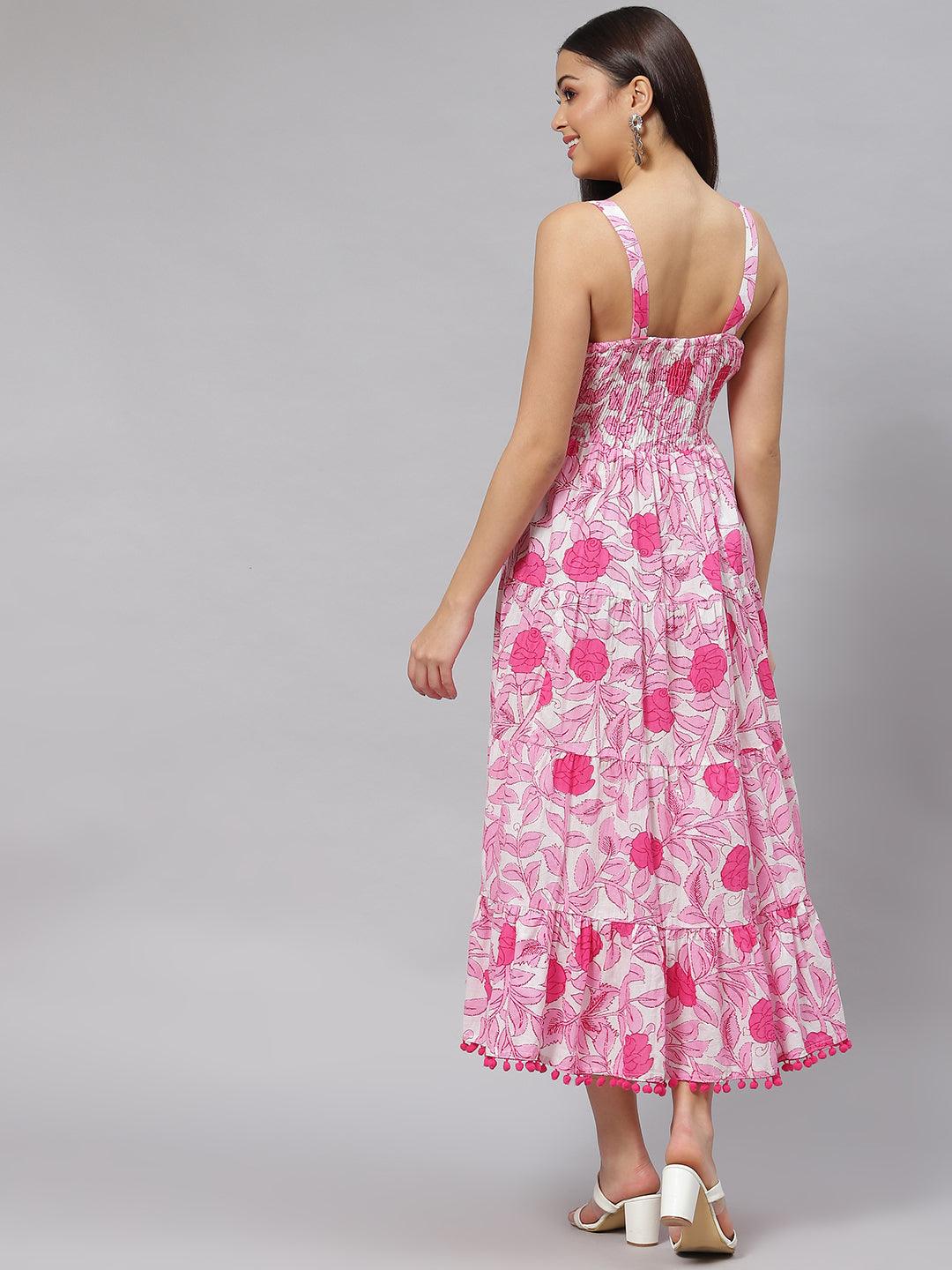 Women's white & Pink Floral Shoulder Strip Long Dress - Taantav