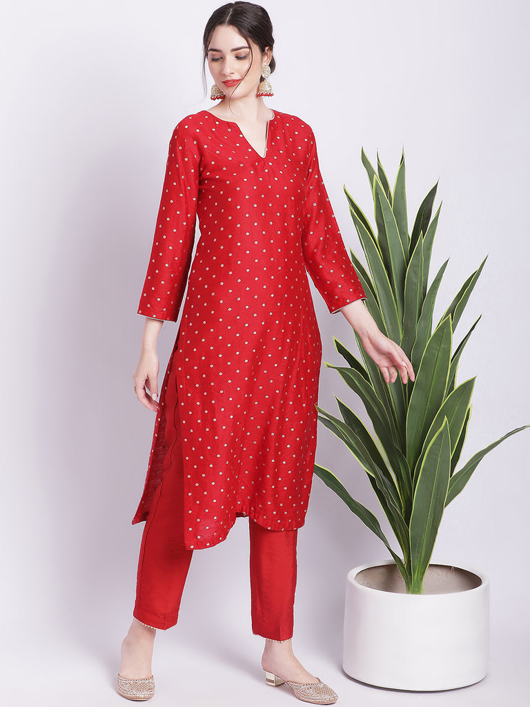 Women's Ethnic Maroon Banarasi Straight Kurti With Straight Pants