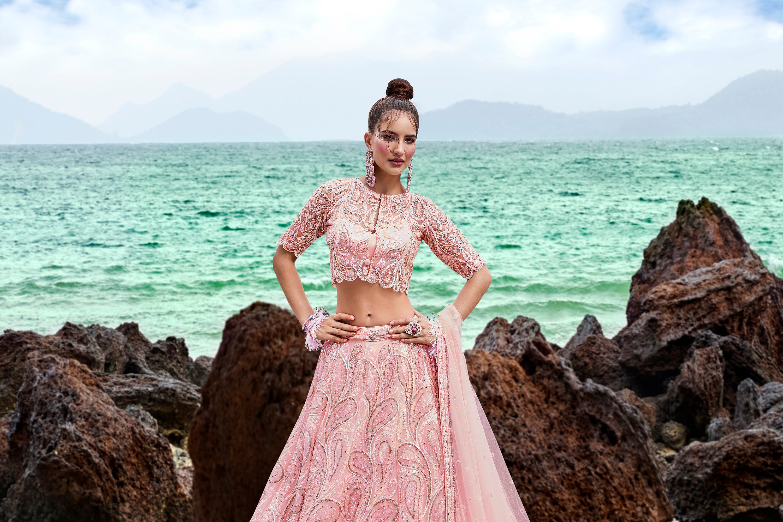 Women's Coral Net Multi Sequins With Heavy Zarkan Embroidery Ready To Wear  Lehenga Choli & Dupatta - Royal Dwells