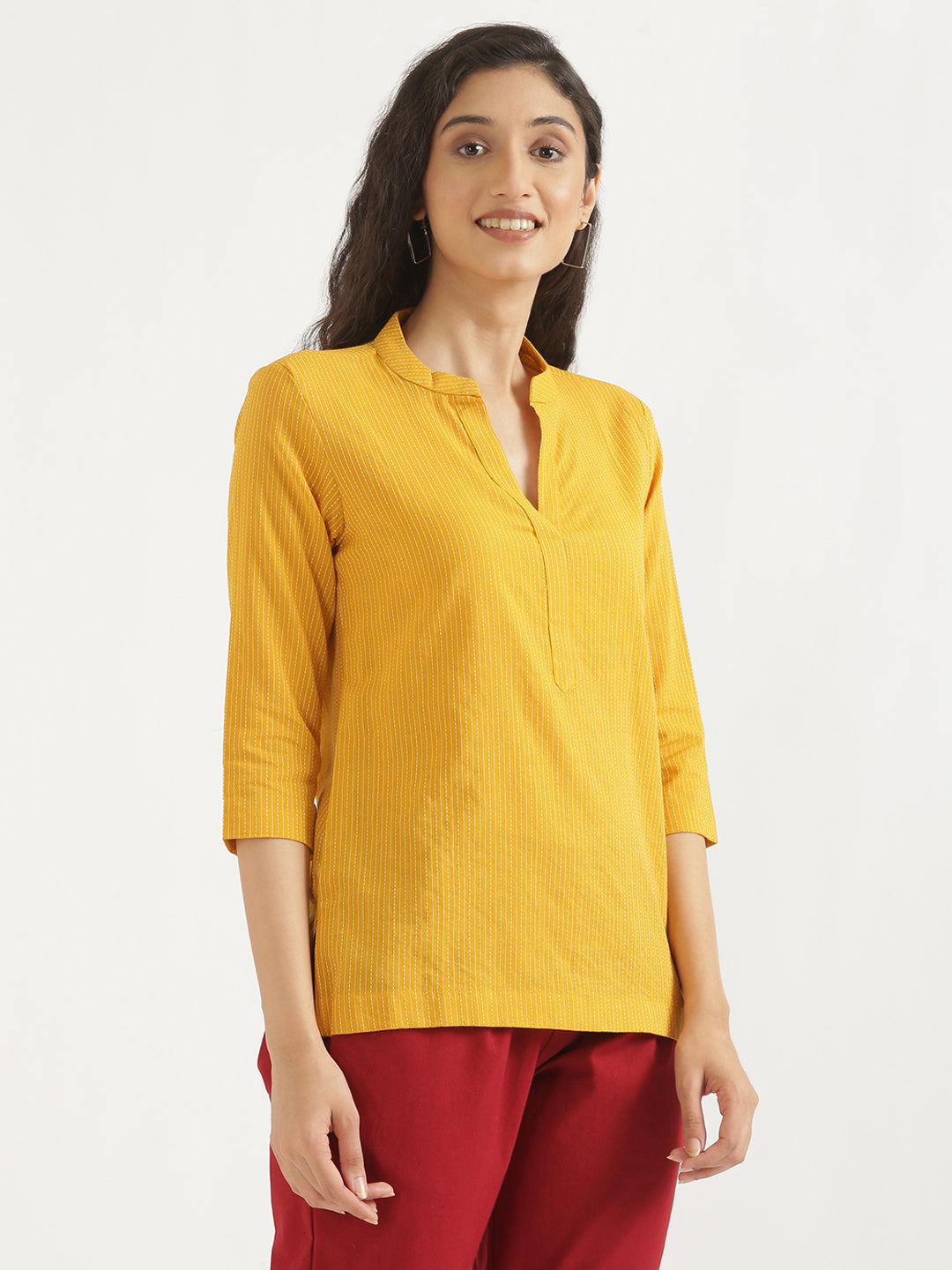 Women's Airy Linen Textured Everyday Cotton Mustard Top - Suti-Kapda
