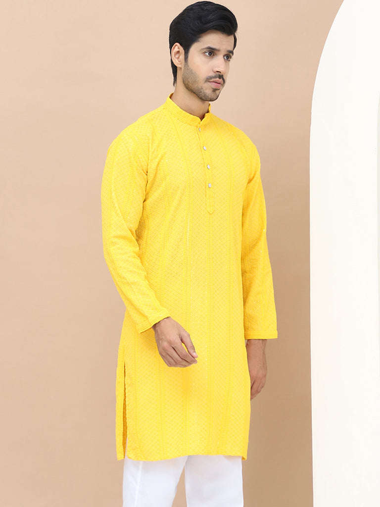 Men's  Yellow Viscose Rayon Embroidered Kurta