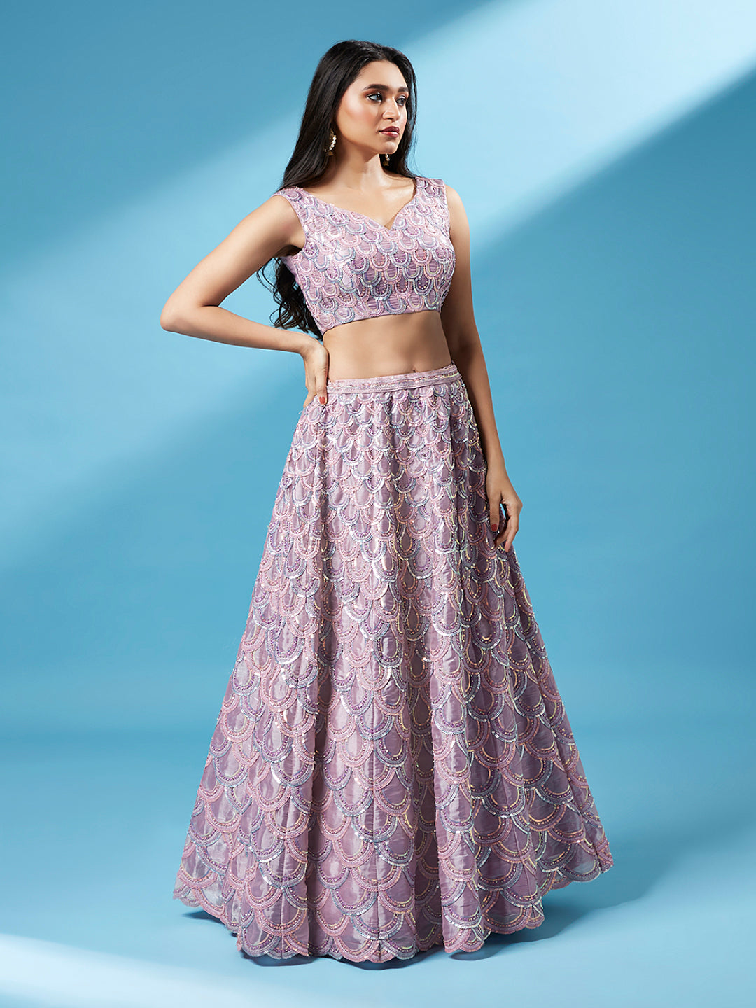 Women 's Lavender Organza Sequinse Work Ready to Wear Lehenga & stitched Blouse with Dupatta - Royal Dwells