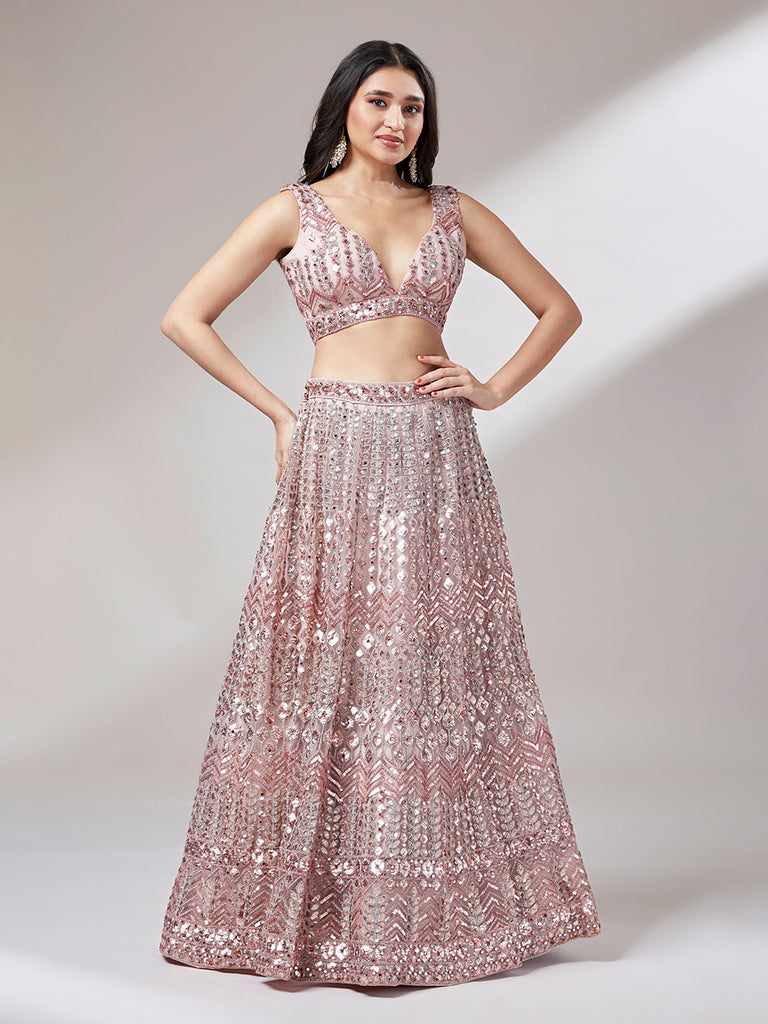 Women 's Rose Gold Net Mirror & Sequinse embroidery Ready to Wear Lehenga choli & Dupatta