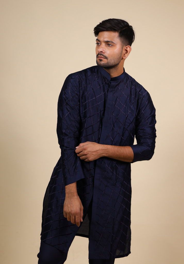 Men's Blue Color Navy Blue Shirt Cut Lattice Pattern Designer Kurta Dupion