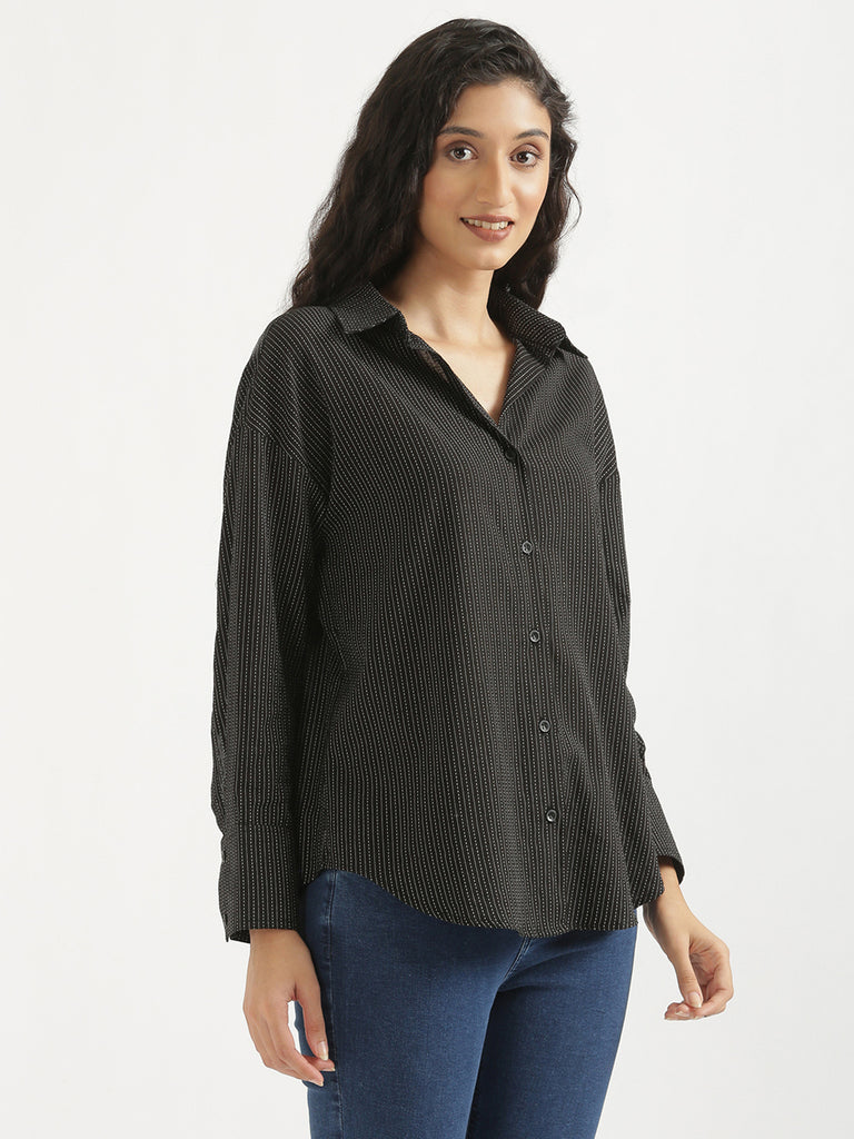 Women's Airy Linen Textured Casual Oversize Black Shirt