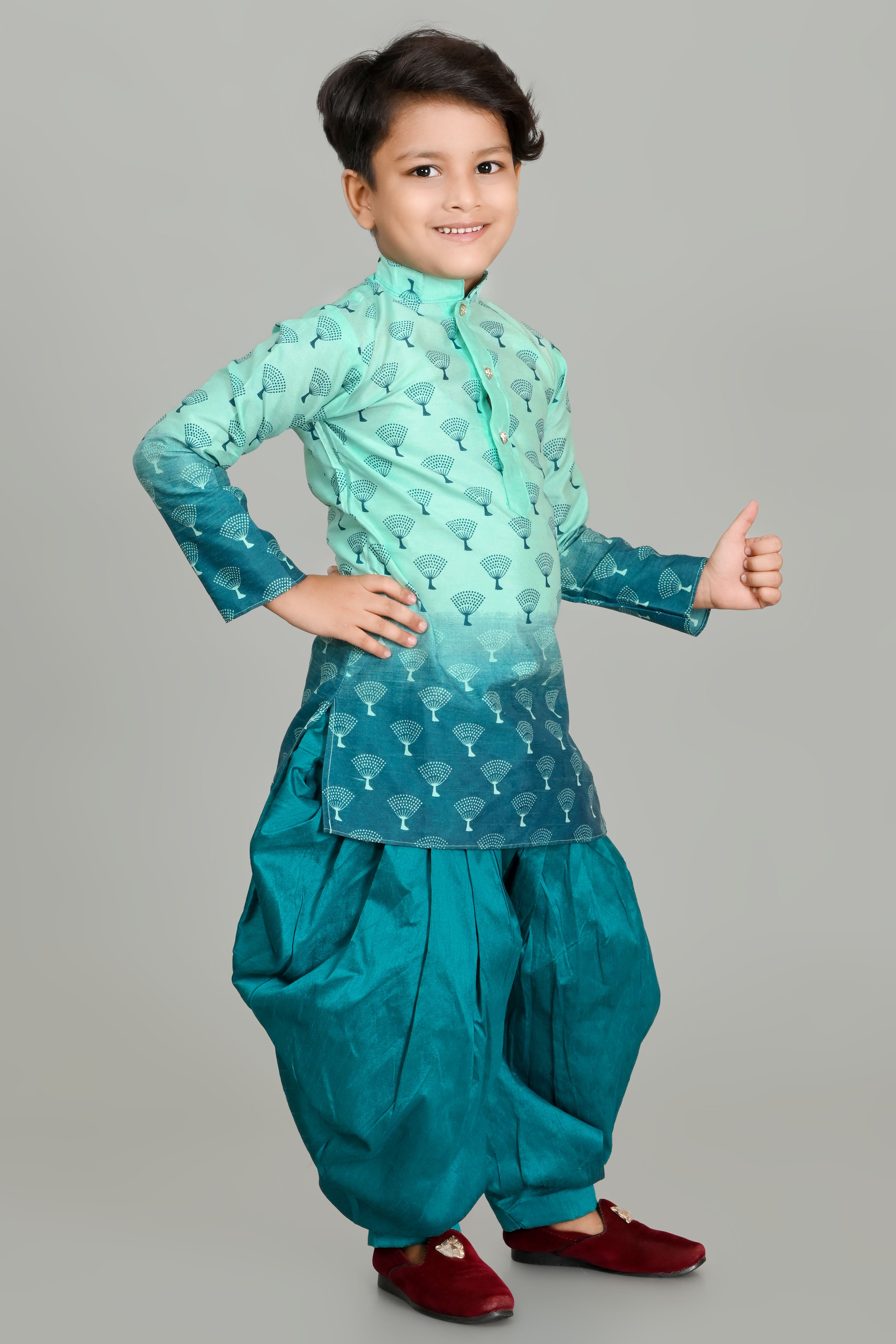 Boy's Dupion Silk Printed Kurta And Patiyala Set - Nfc Creation