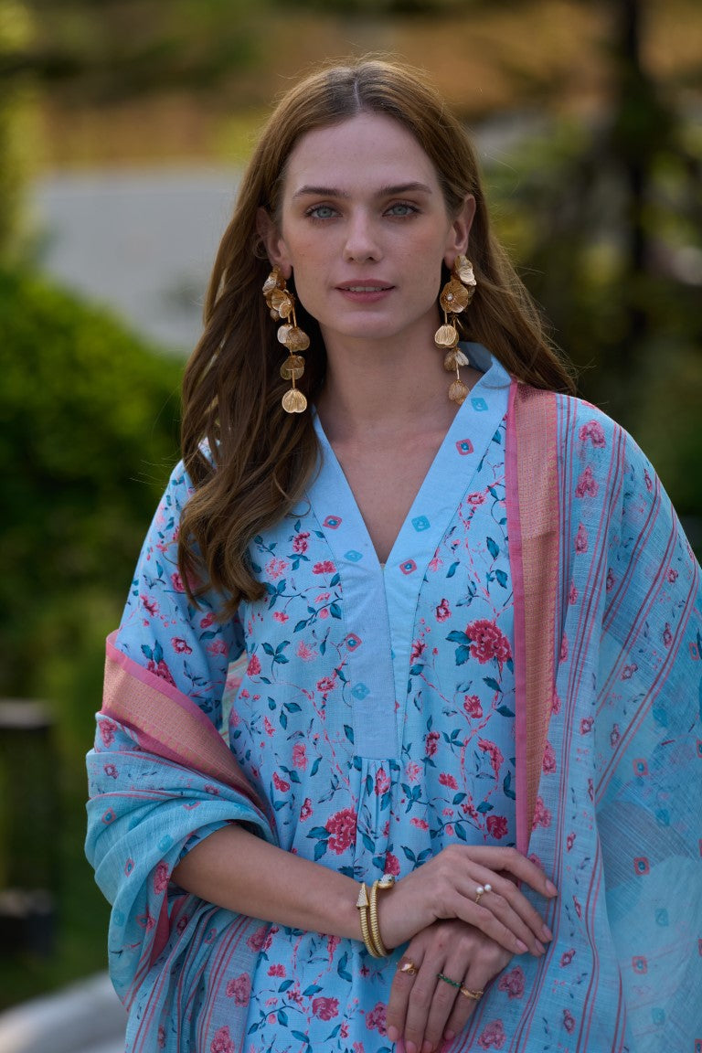 Women's Sky Cotton Printed Kurta Set