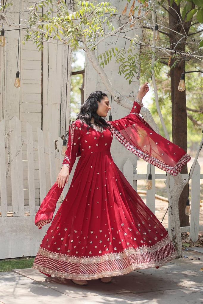 Women's Marron Faux  Embroidery  Kurta Set