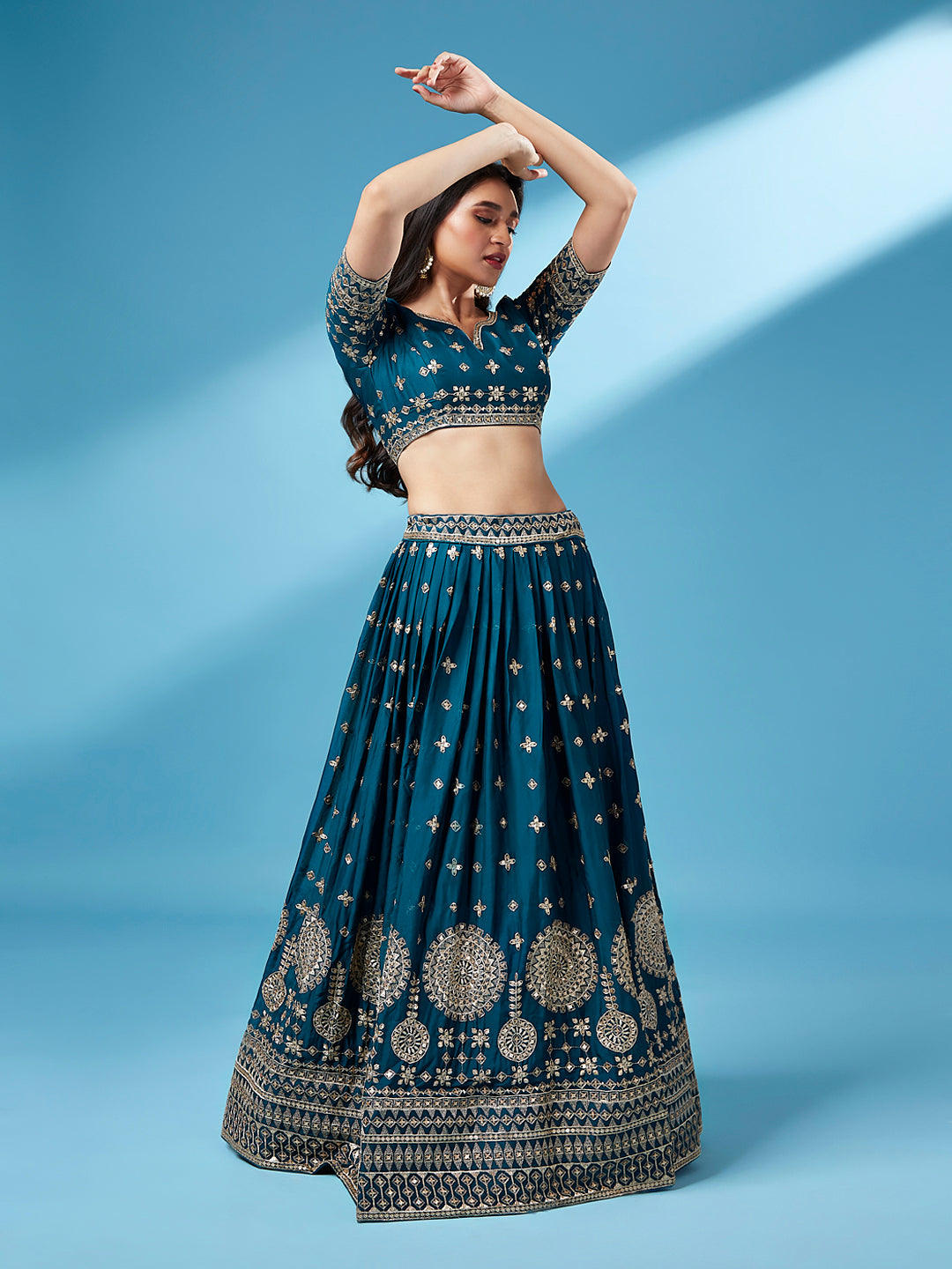 Women's Teal - Pure Georgette Embroidered Ready To Wear  Lehenga - Royal Dwells