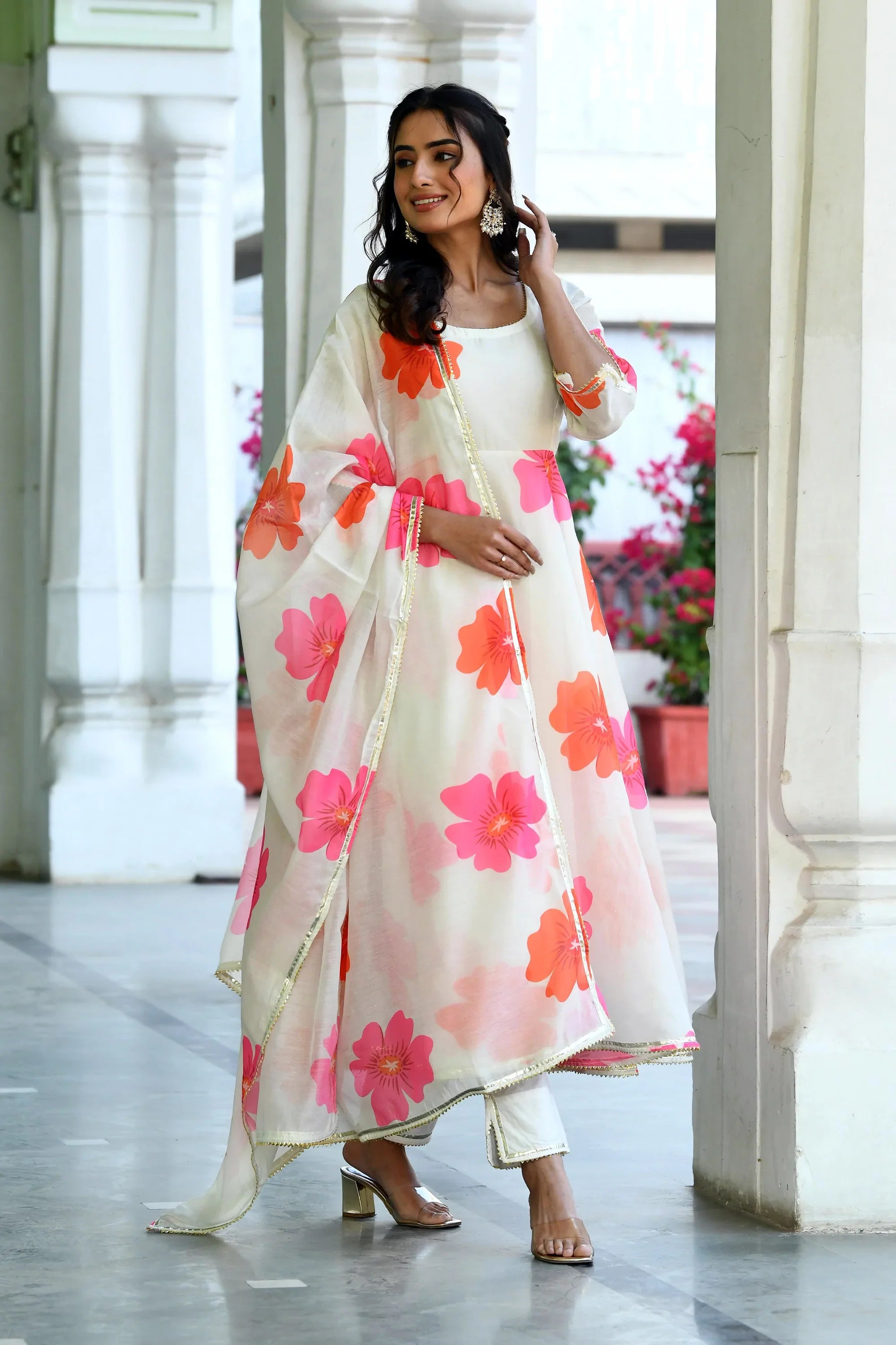 Women's Floral Print White Anarkali Suit - Saras The