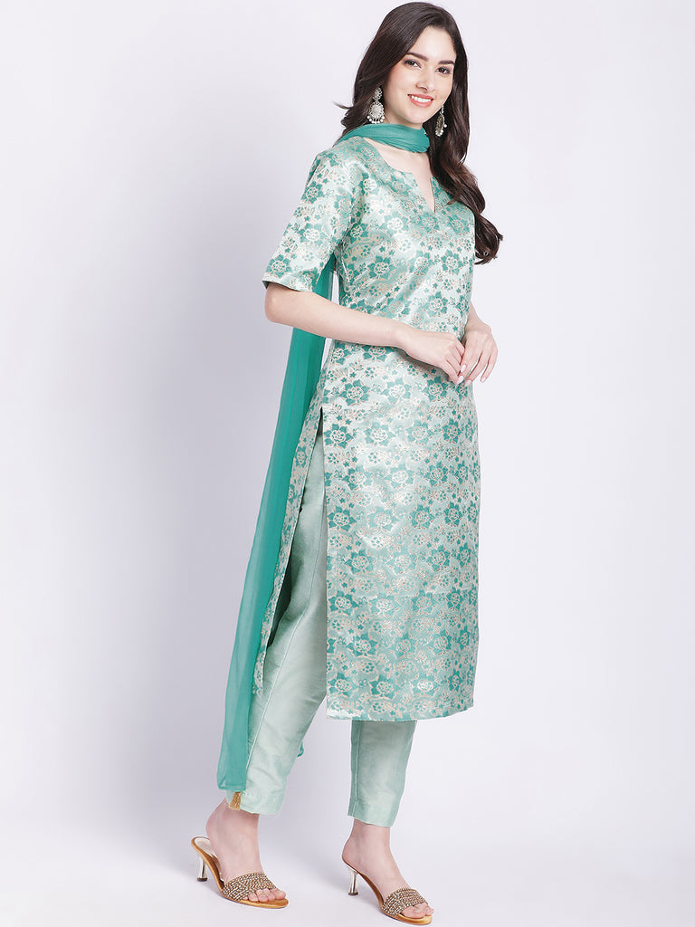 Women's Aqua Green Banarsi Straight Kurti With Pants And Chiffon Dupatta
