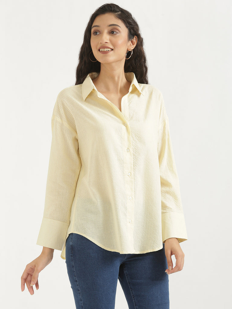 Women's Airy Linen Textured Casual Oversize Cream Shirt