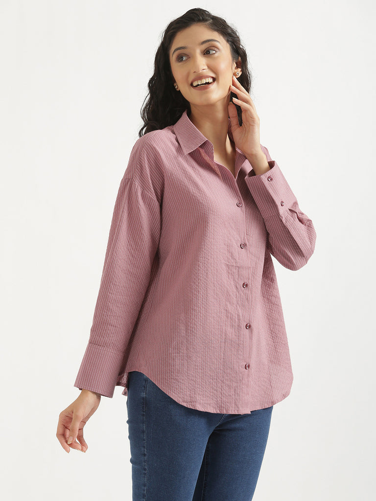 Women's Airy Linen Textured Casual Oversize Mauve Shirt