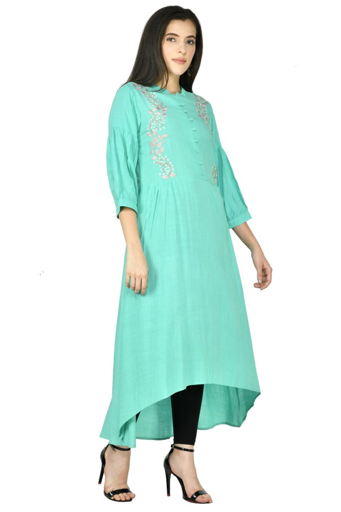 Women's Sea Green Cotton Rayon Embroidery Kurta Set